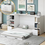 Twin Size Murphy Beds with Charging Station and Storage Drawers, Wood Cabinet Bed Frame, Wall Bed with Outlet & USB Ports for Home Office Studio, White